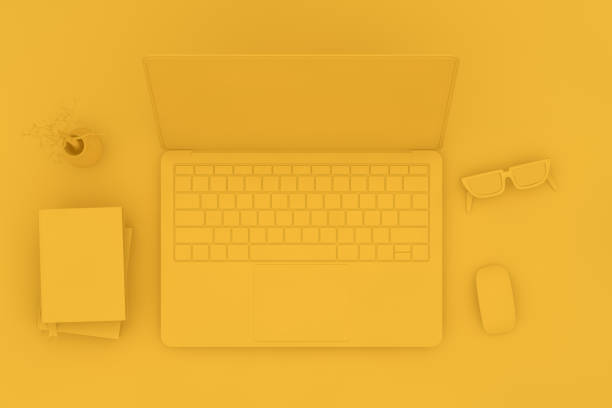 istock Top view desktop with Laptop, Minimal technology idea concept. 1139649310