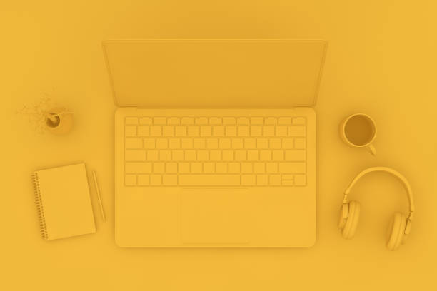 istock Top view desktop with Laptop, Minimal technology idea concept. 1139649397