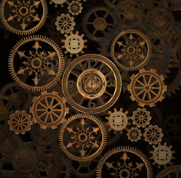 Steampunk golden background Backdrop with intricate gears and cogs texture – 3D illustration bicycle gear stock pictures, royalty-free photos & images