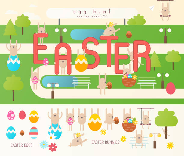 easter egg hunt na mapie parku - easter egg easter egg hunt multi colored bright stock illustrations