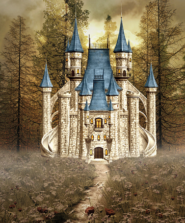 Enchanted Cinderella castle in the evening time – 3D illustration