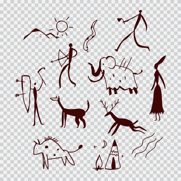 ilustrações, clipart, desenhos animados e ícones de pinturas rupestres de pessoas e animais. ilustração dos desenhos animados do vetor isolada no fundo transparente. - cave painting aborigine ancient caveman