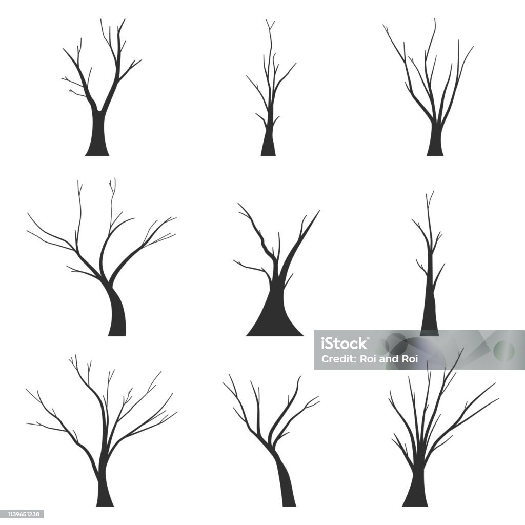 Bare trees black silhouette vector set isolated on white background. Bare trees black silhouette vector set. Birch Tree stock vector