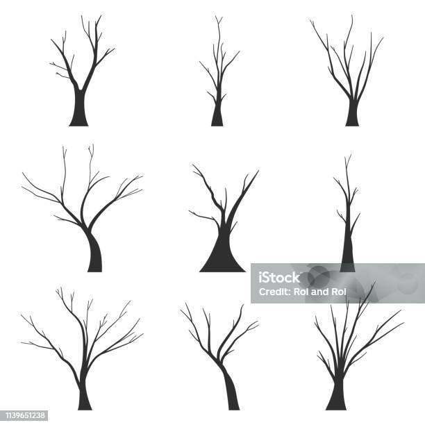 Bare Trees Black Silhouette Vector Set Isolated On White Background Stock Illustration - Download Image Now