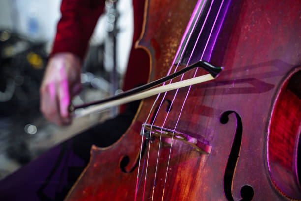 schließen-bis zum musikinstrument cello. männerhände spielen das instrument. - streicherbogen stock-fotos und bilder