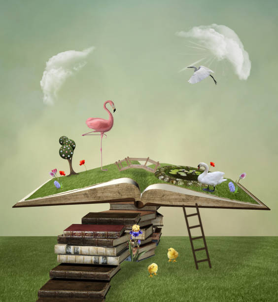 Surreal open book with a pink flamingo Pathway to the fantasy open book - 3D and digital painted illustration surreal fantasy stock pictures, royalty-free photos & images