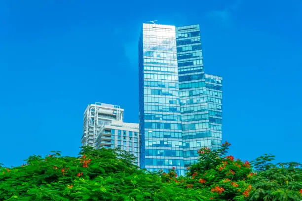 Photo of Glass and steel skyscrapers erected over Rothschild boulevard in Tel Aviv, Israel