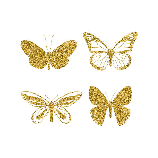 Set gold glitter butterflies. Beautiful spring, summer golden sequins silhouettes on white background. Icons different shapes wings, for fashion, ornaments, tattoo. Vector illustration. Set gold glitter butterflies. Beautiful spring, summer golden sequins silhouettes on white background. Icons different shapes wings, for fashion, ornaments, tattoo. Vector illustration spring fashion stock illustrations