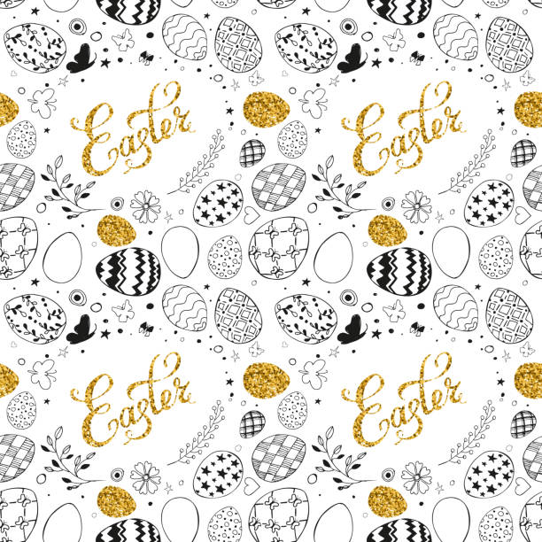 illustrazioni stock, clip art, cartoni animati e icone di tendenza di motivo pasquale senza cuciture con scritta glitter oro pasqua, uova ornamentali nere disegnate a mano, foglie, farfalle su sfondo bianco. sfondo delle vacanze di pasqua. illustrazione vettoriale. - easter ornament