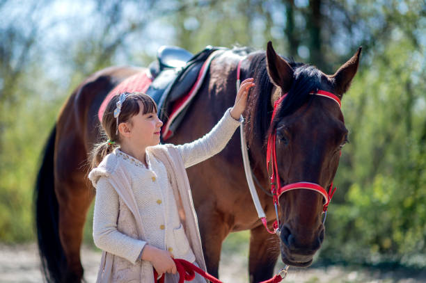 istock Young girl with horse in forest 1139657736