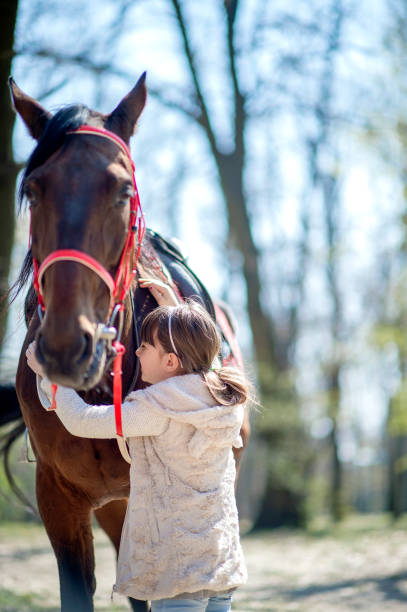 istock Young girl with horse in forest 1139659196