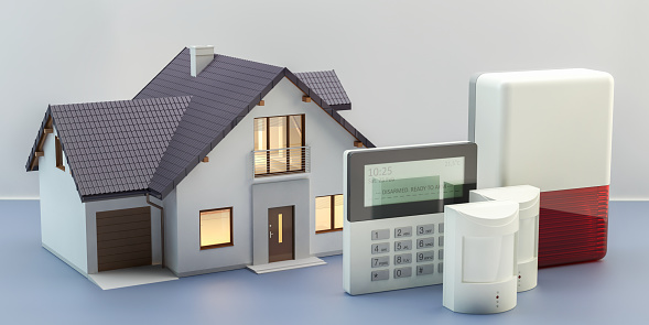 Sistema de alarma y casa, Ilustración 3D photo
