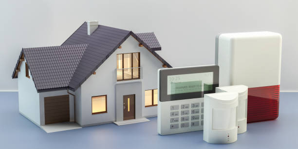 sistema de alarma y casa, ilustración 3d - alarma de incendio fotos fotografías e imágenes de stock