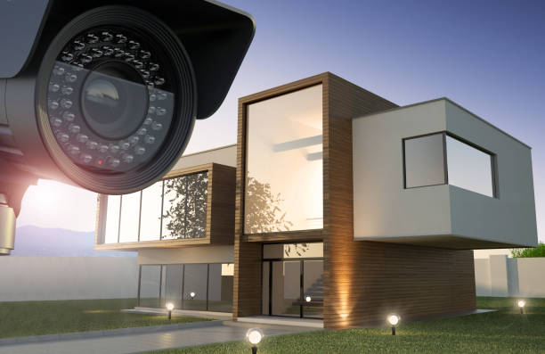 câmera de segurança e casa moderna-ilustração 3d - câmara de segurança - fotografias e filmes do acervo