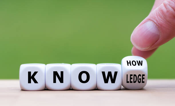 To have know-how or to have knowledge. Hand turns a dice and changes the word  "know-how" to "knowledge". stock photo