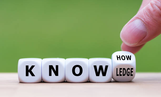 to have know-how or to have knowledge. hand turns a dice and changes the word  "know-how" to "knowledge". - have imagens e fotografias de stock