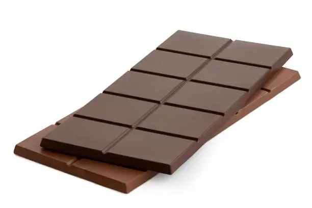 Dark chocolate bar on top of milk chocolate bar isolated on white.