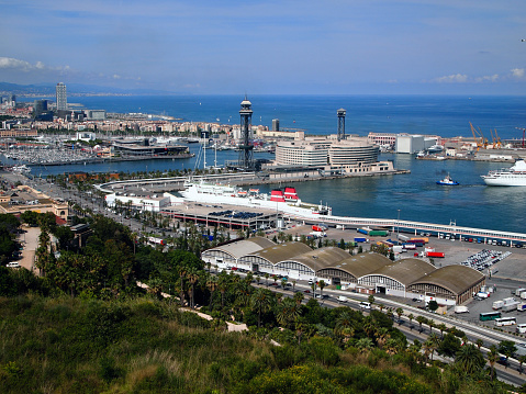 Panoramic view from the hill to the passenger port of Barcelona, Catalonia, Spain.