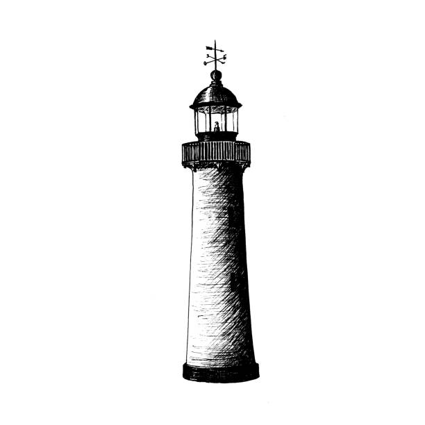 Lighthouse logo template design. illustration. beacon, sea-light, pike, light tower, guiding light, seamark. Ink pen sketch isolated Lighthouse logo template design. illustration. beacon, sea-light, pike, light tower, guiding light, seamark. Ink pen sketch isolated. Hand drawn. Nautical sign. For prints, web decoration Age of sail lighthouse drawings stock illustrations