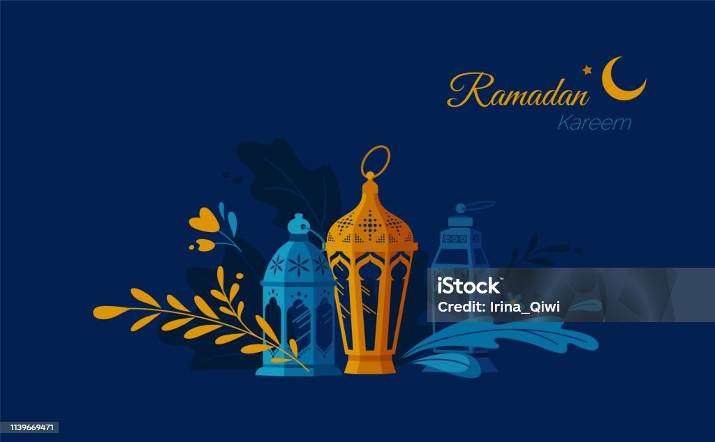 Hand Drawn Illustration of Ramadan Lanterns with Floral Elements on Dark Blue Background. Hand Drawn Illustration of Ramadan Lanterns with Floral Elements on Dark Blue Background. Vector Illustration Arab Culture stock vector