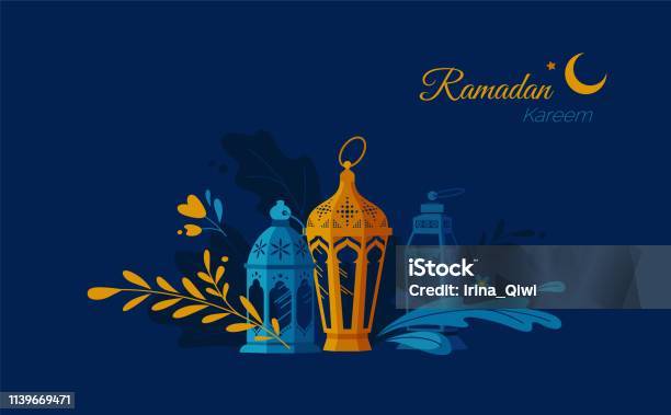 Hand Drawn Illustration Of Ramadan Lanterns With Floral Elements On Dark Blue Background Stock Illustration - Download Image Now
