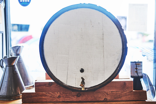 Full length shot of a barrel inside a brewery