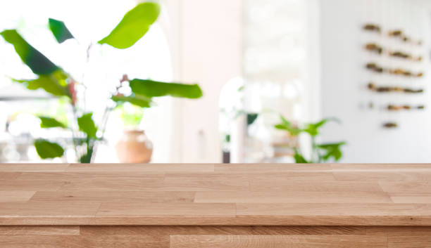 istock Wooden table top on blurred abstract interior of tropical resort 1139672414