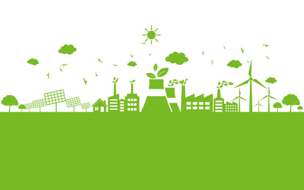 ilustrações de stock, clip art, desenhos animados e ícones de green ecology city environmentally friendly - factory environment city environmental conservation