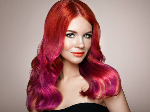 beauty fashion model woman with colorful dyed hair - red hair hairstyle dyed hair women imagens e fotografias de stock
