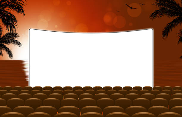 tropical cinema in the air tropical cinema monitor with chairs outdoor in the air before ocean movie-theater-exterior stock illustrations