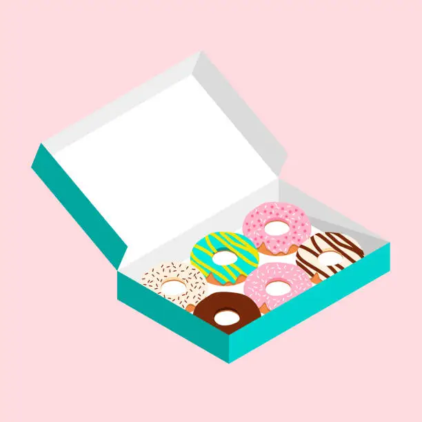 Vector illustration of Cute doughnuts in turquoise green paper box on pastel pink background