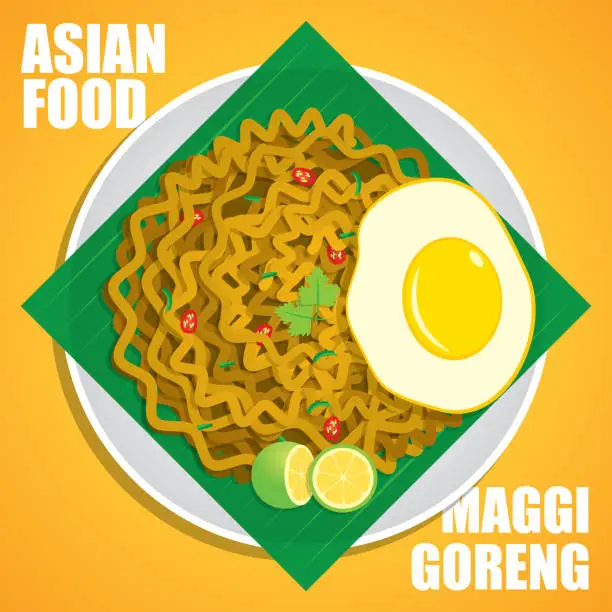 Vector illustration of Maggi Goreng is a style of cooking instant noodles which commonly served at Indian Muslim food stalls in Malaysia and Singapore vector illustration.