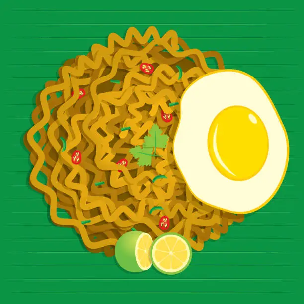 Vector illustration of Maggi Goreng is a style of cooking instant noodles which commonly served at Indian Muslim food stalls in Malaysia and Singapore vector illustration.