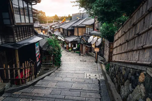 Beautiful street in old town of Higashiyama district, Kyoto City, Japan. The Higashiyama District is preserved historic districts. It is a great place to experience traditional old Kyoto culture.