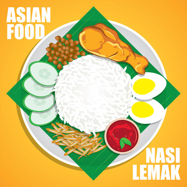 ilustrações, clipart, desenhos animados e ícones de nasi lemak, um prato tradicional do arroz da pasta do caril do malay seriu em uma folha da banana com sambal, galinha fritada, pepino, bilis de ikan (anchovas), amendoins e ovo cozido - adulation asia cooked food