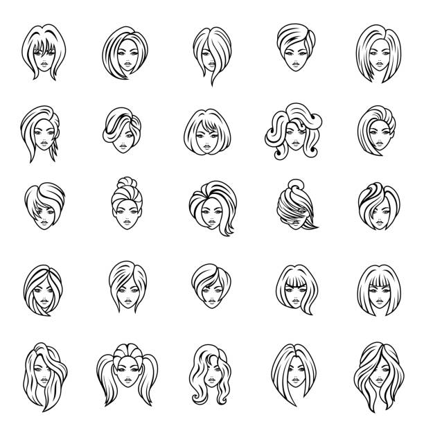 kobiety twarze. zestaw ikon konspektu - hairstyle human hair women human face stock illustrations