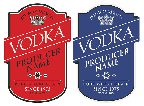 Set of two vector labels for vodka in the figured frame with crown and inscriptions on red and blue background in retro style. Premium quality, pure wheat grain