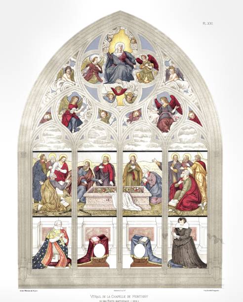 montigny şapelin vitrail. bourges katedrali 'nden vitray 1891 - cher stock illustrations