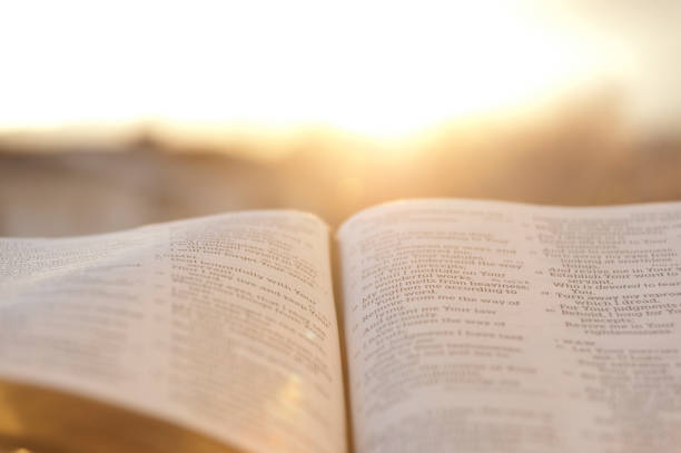apri la bibbia con un tramonto luminoso sullo sfondo. - bibbia foto e immagini stock