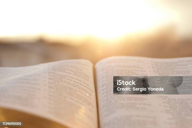 Open Bible With Bright Sunset In The Background Stock Photo - Download Image Now - Bible, Open, Studying