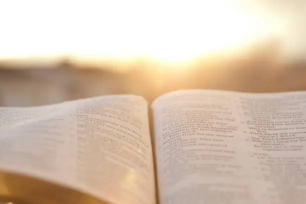 Photo of Open Bible with bright sunset in the background.