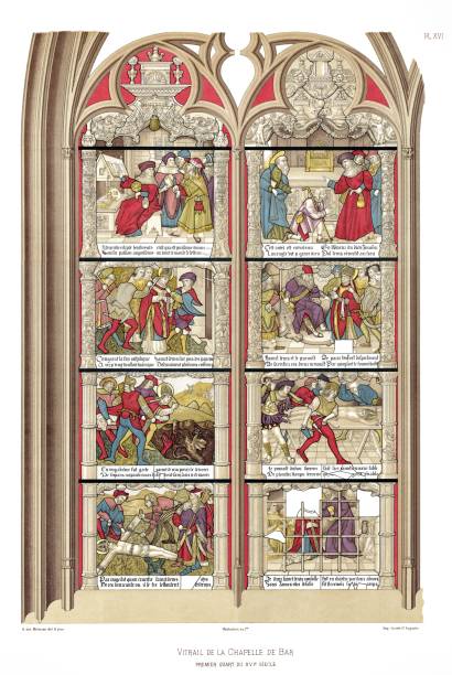 드 바 예배당에 있는 vitrail. 부르 주 대성당에서 스테인드 글라스 1891 - cher stock illustrations