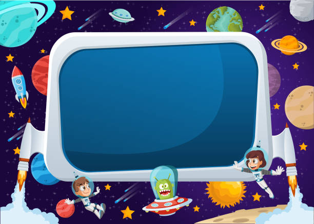 astronaut cartoon children and alien in the space. Futuristic rocket screen board with astronaut cartoon children and alien in the space. astronaut borders stock illustrations