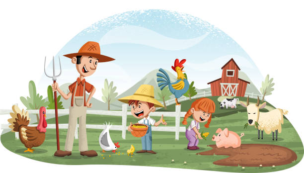 ilustraciones, imágenes clip art, dibujos animados e iconos de stock de gente de dibujos animados y animales en la granja. - chicken poultry cartoon cockerel