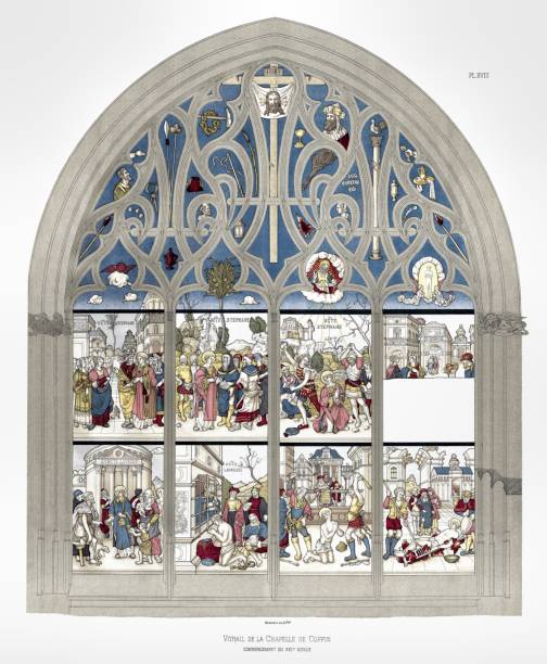 illustrazioni stock, clip art, cartoni animati e icone di tendenza di vitrail nella cappella di coppin. dalla cattedrale di bourges vetrate 1891 - cher