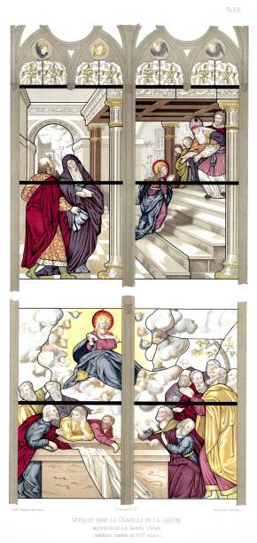 illustrazioni stock, clip art, cartoni animati e icone di tendenza di frammenti vitraux della beata vergine maria. dalla cattedrale di bourges vetrate 1891 - cher
