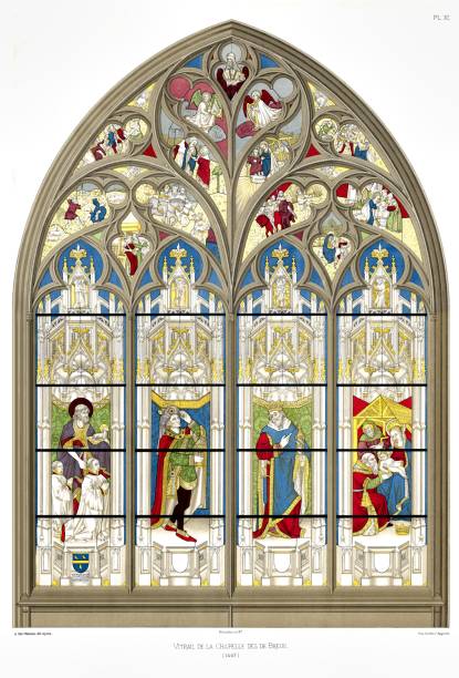 witral kaplicy de breuil. z katedry w bourges witraże 1891 - cher stock illustrations