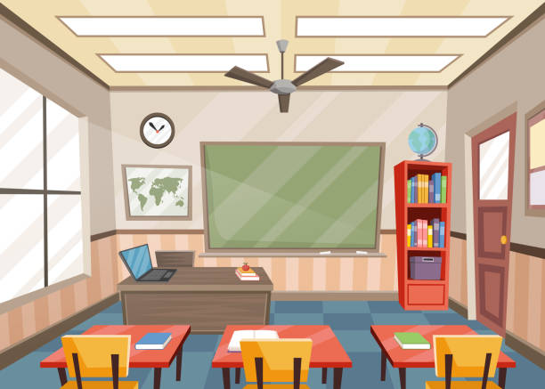Empty classroom with tables and chairs Empty classroom with tables and chairs. School. classroom stock illustrations