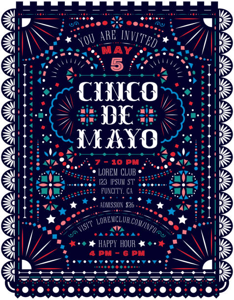 Cinco De Mayo celebration announce poster template with Mexican national decorative ornaments. Customized Western style text for invitation for fiesta party. Papel picado banner with Mexico folk lace and embroidery motives. Ornate background. Vector design. papel picado illustrations stock illustrations