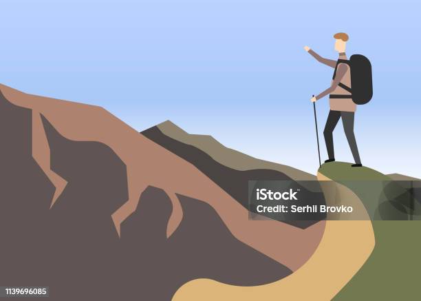 Explorer Concept Hiker In Mountains Landscape Vector Illustration Eps Stock Illustration - Download Image Now